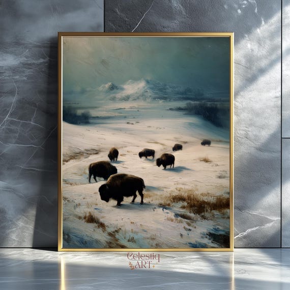 Vintage Bison Oil Painting Country Farmhouse Autumn Instant