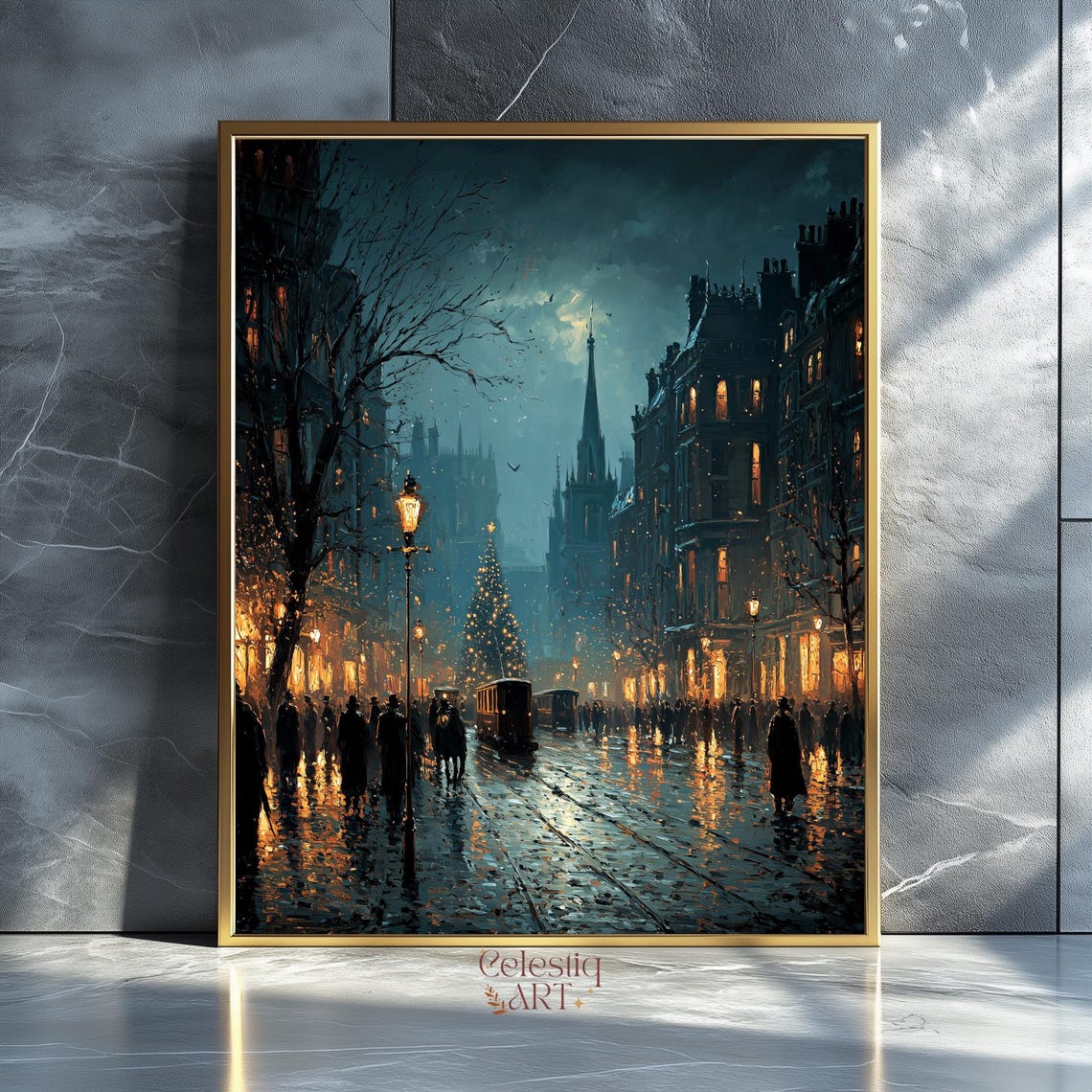 Victorian Christmas Cityscape Vintage Winter Street Night Poster