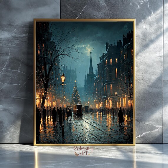 Victorian Christmas Cityscape Vintage Winter Street Night Poster
