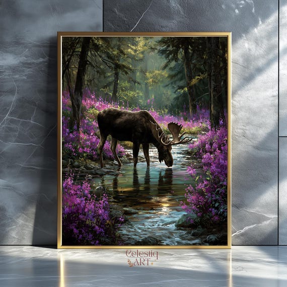 Moose In Stream Print Rustic Cabin Decor Moody Forest Landscape