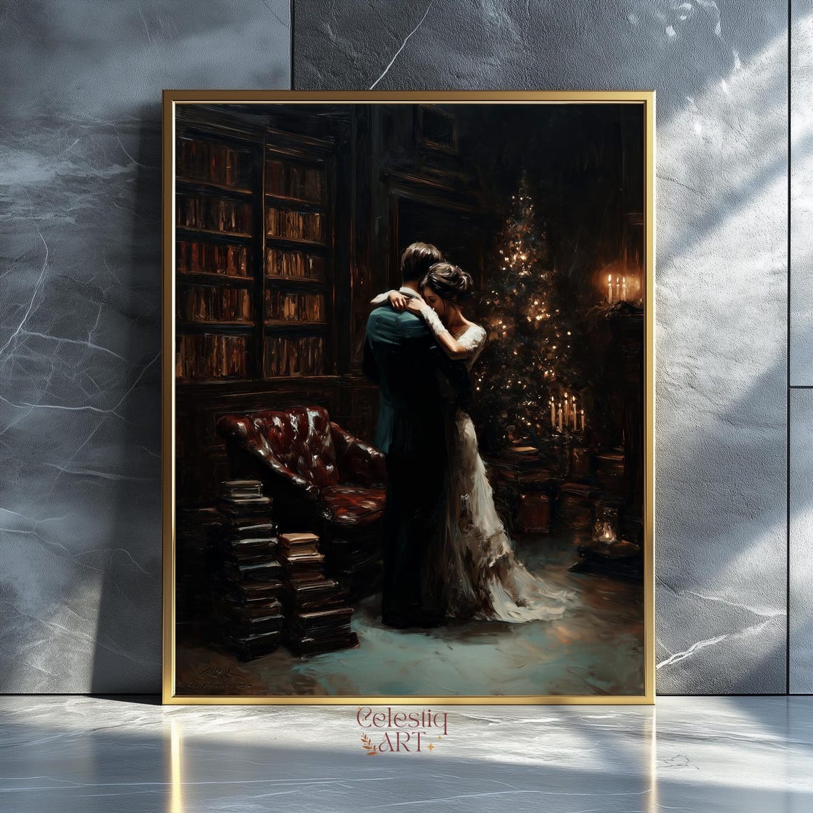 Romantic Couple Victorian Library Christmas Dark Academia Wall Art
