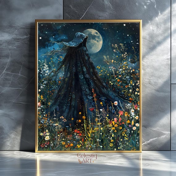 Mystical Moon Stars Art Print, Dark Forest Landscape