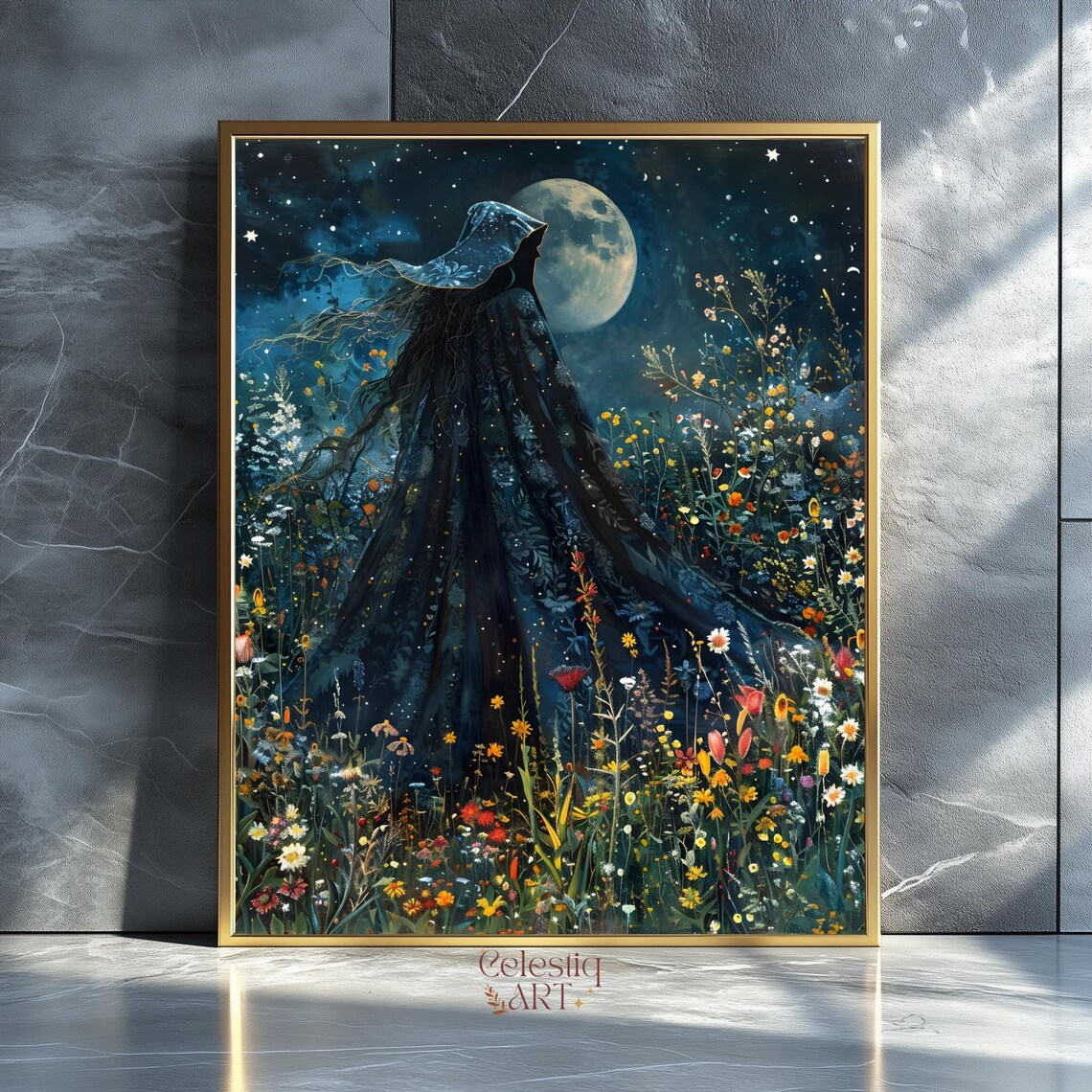 Mystical Moon Stars Art Print, Dark Forest Landscape