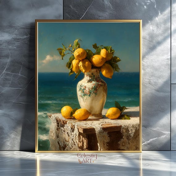 Lemon Still Life Print Vintage Kitchen Painting Farmhouse Decor