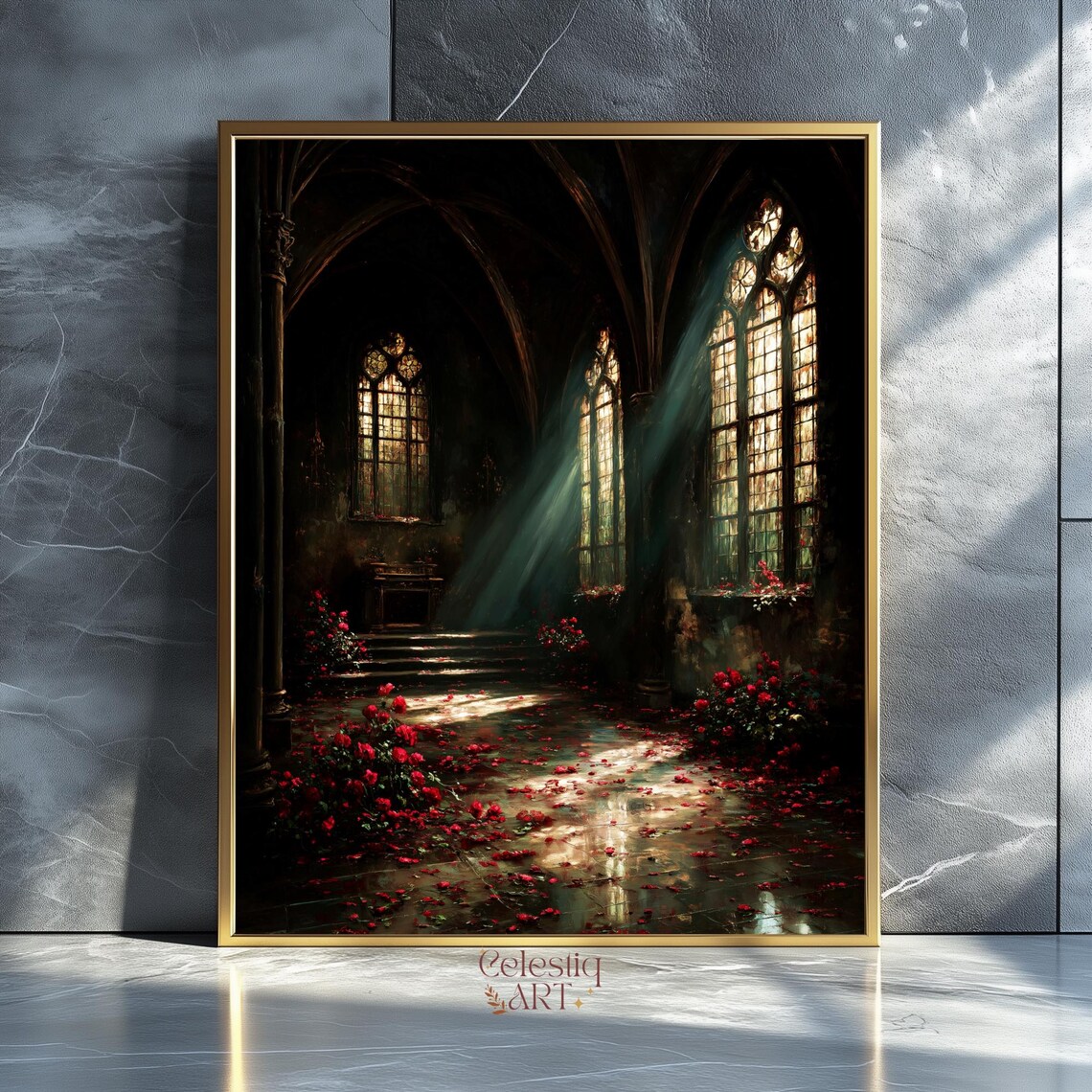 Gothic Cathedral Library Print, Vintage Dark Academia