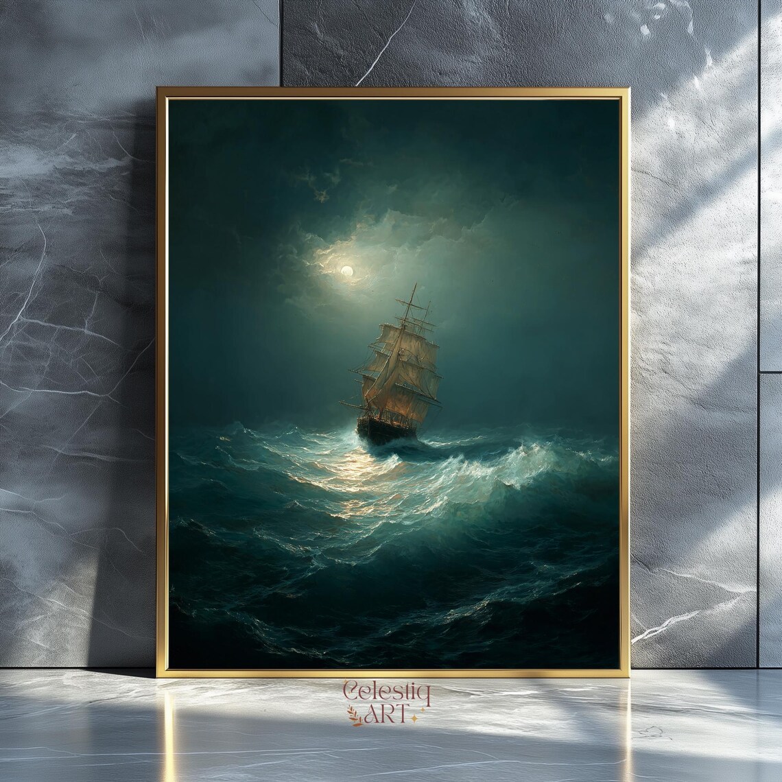 Stormy Sea Ship Art Print, Moody Nautical Gothic