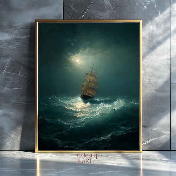 Stormy Sea Ship Art Print, Moody Nautical Gothic
