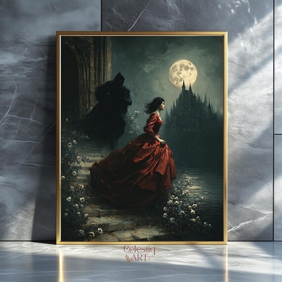 Gothic Lady In Red Dress Art Print Dark Academia Castle
