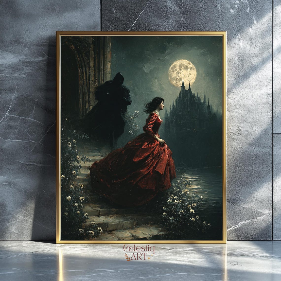 Gothic Lady In Red Dress Art Print Dark Academia Castle