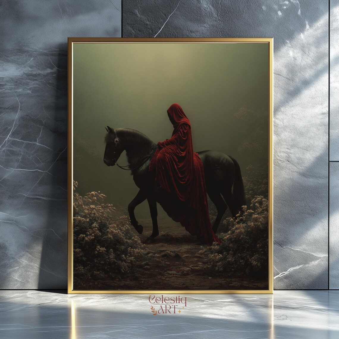 Rider In Red Cloak On Black Horse Gothic Print