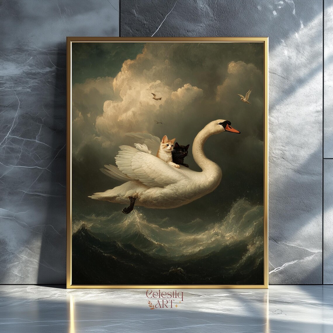 Flying Swan Carrying Kittens Stormy Ocean Whimsical Art Poster