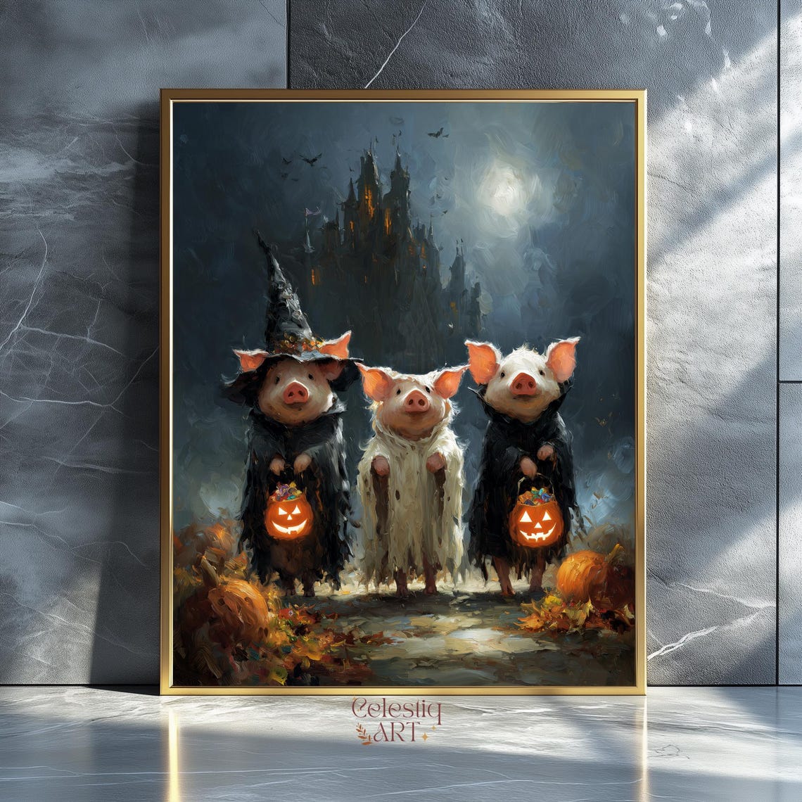 Three Pigs in Halloween Costumes Witch Ghost Vampire Cute Poster