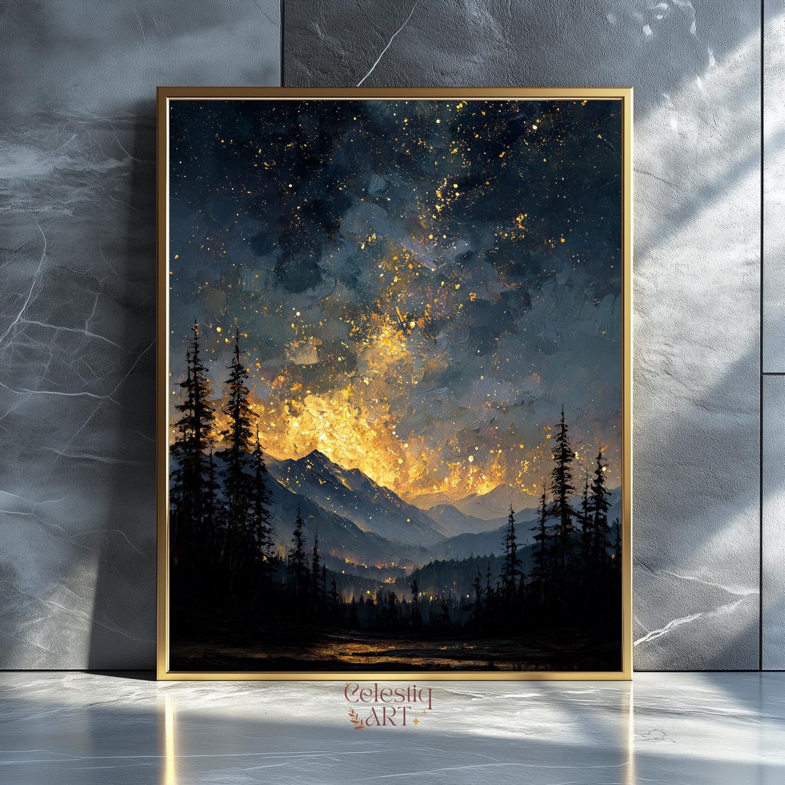 Night Sky Mountain Art Print Gold Starry Fantasy Moody Canvas Decor
