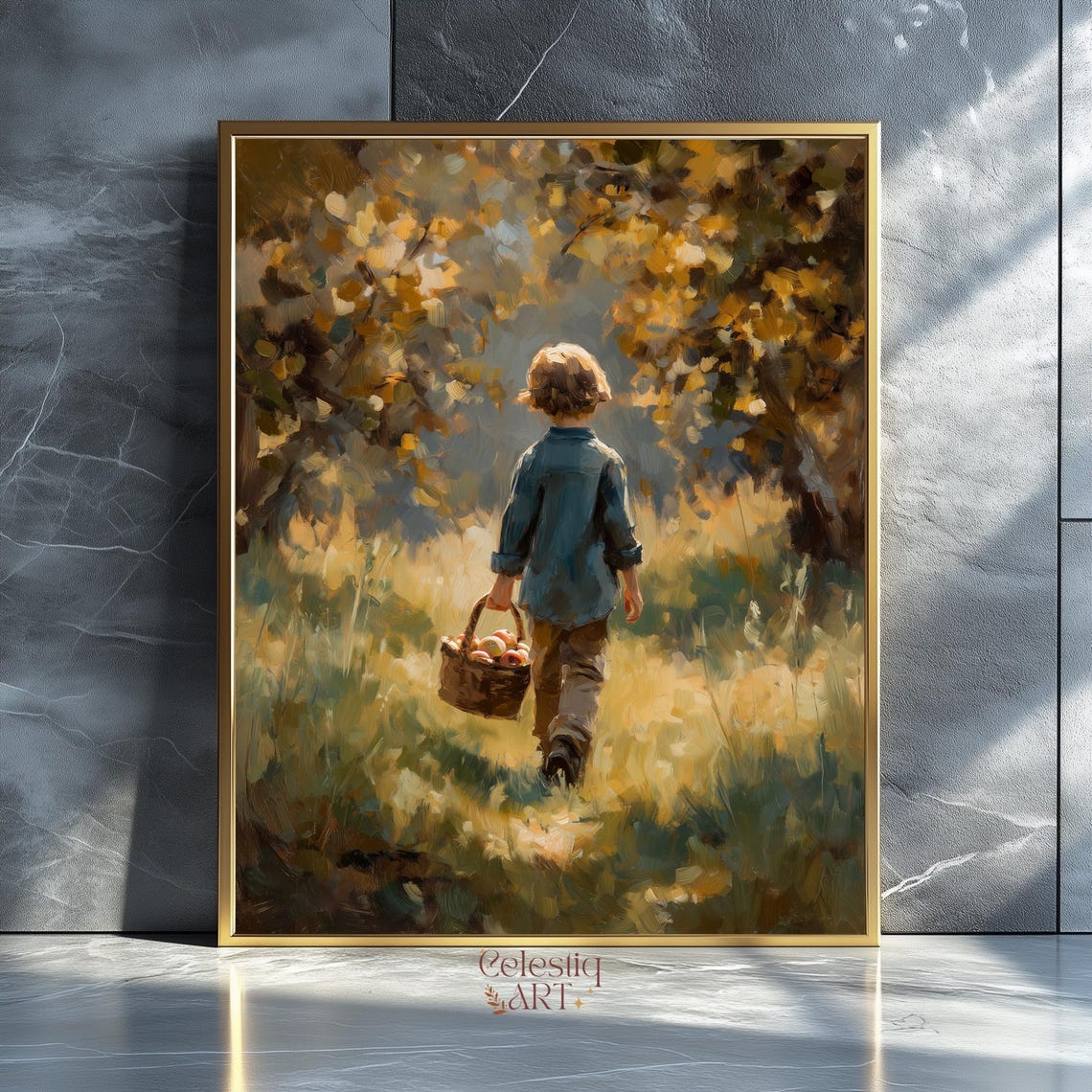 Rustic Autumn Boy In Forest Oil Painting Print