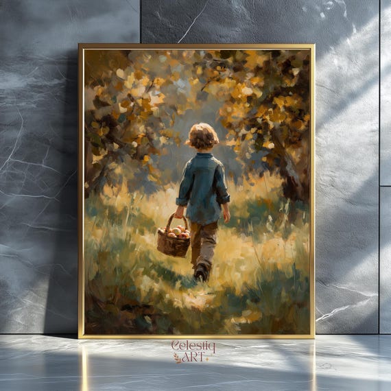 Rustic Autumn Boy In Forest Oil Painting Print