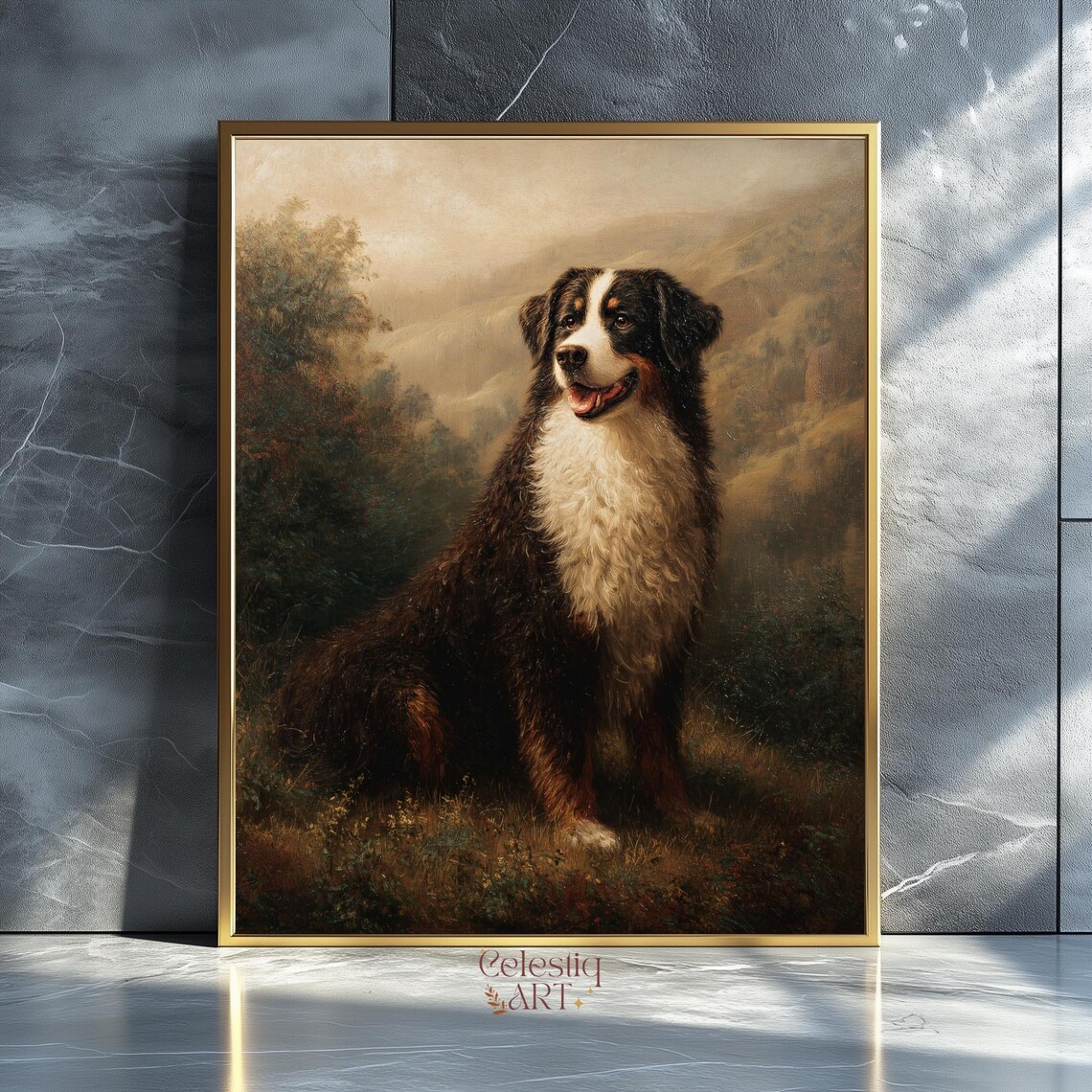 Bernese Mountain Dog Vintage Oil Painting Portrait Farm Poster