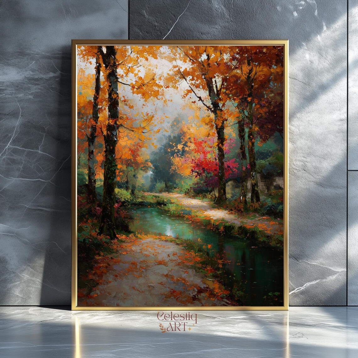 Autumn River Landscape Painting Golden Foliage Stream Moody Fall Art Print