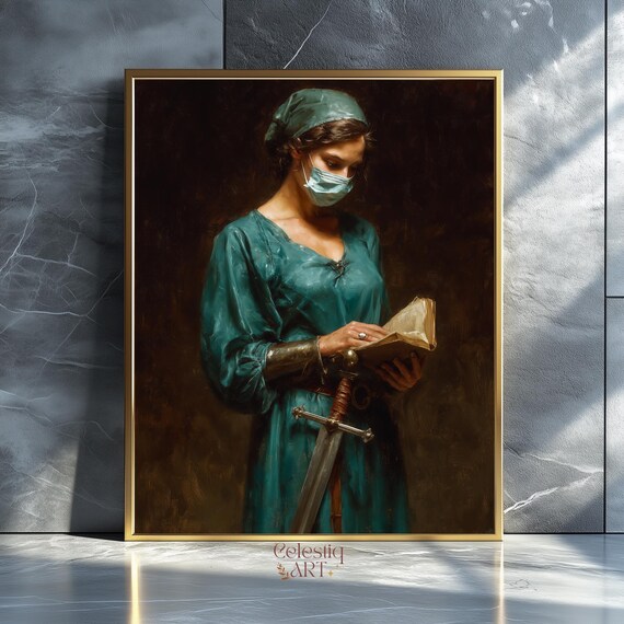 Surgeon in Scrubs With Medieval Sword Book Surreal Portrait Poster