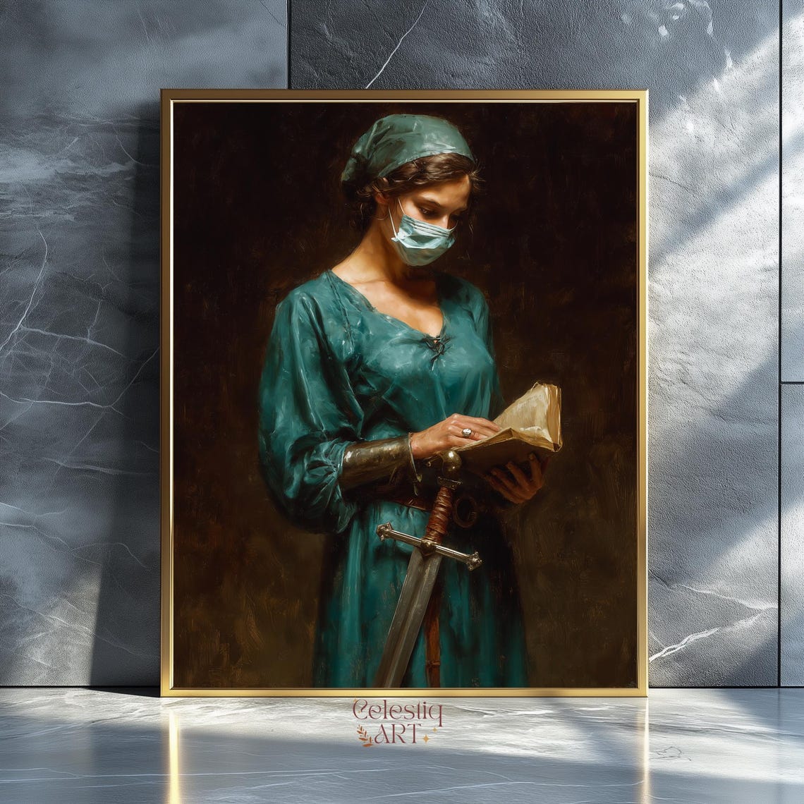 Surgeon in Scrubs With Medieval Sword Book Surreal Portrait Poster