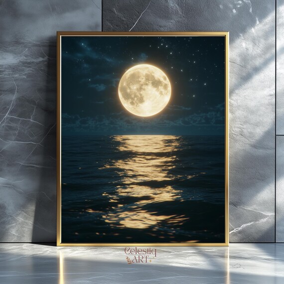 Moonlight Over Ocean Art Print Tranquil Nature Scene Wall Decor Serene Full Moon Reflection On Water Night Sky