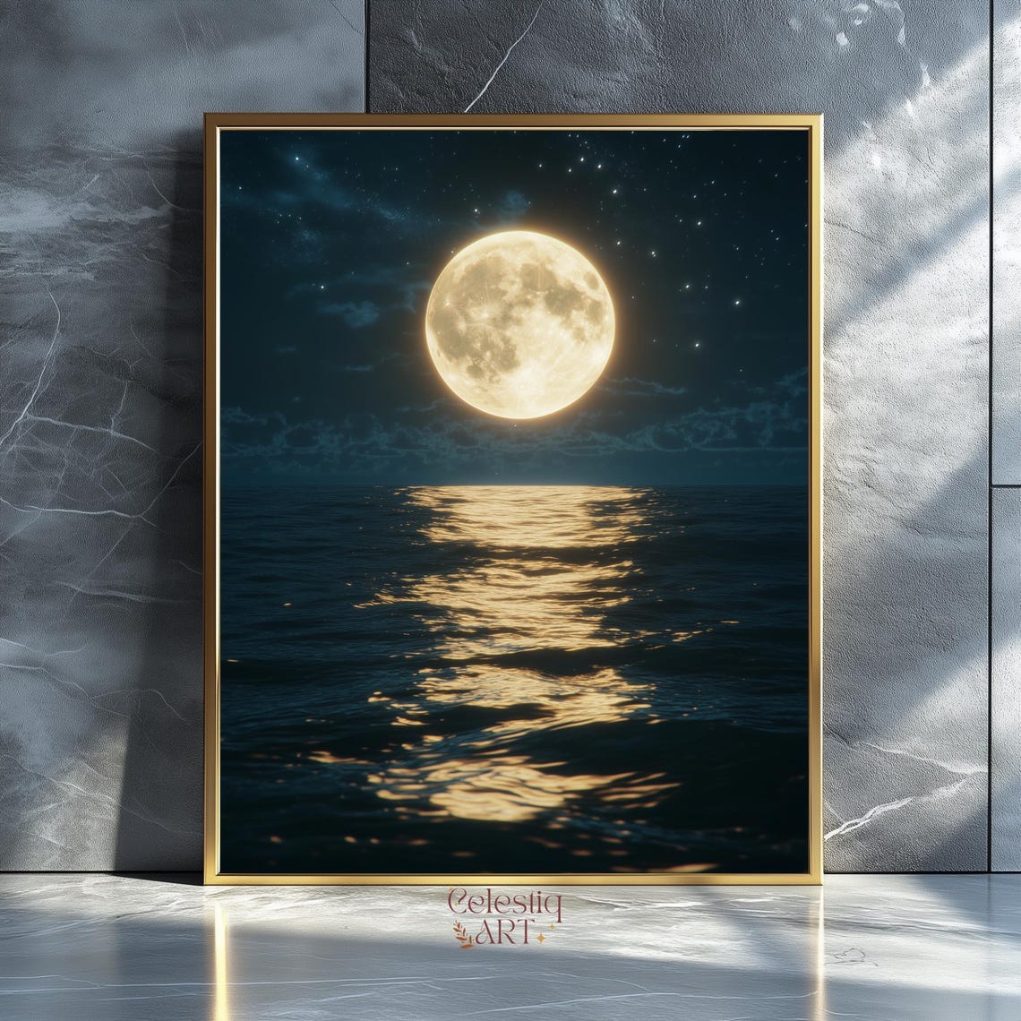 Full Moon Over Ocean Night Golden Reflection Stars Seascape Wall Art