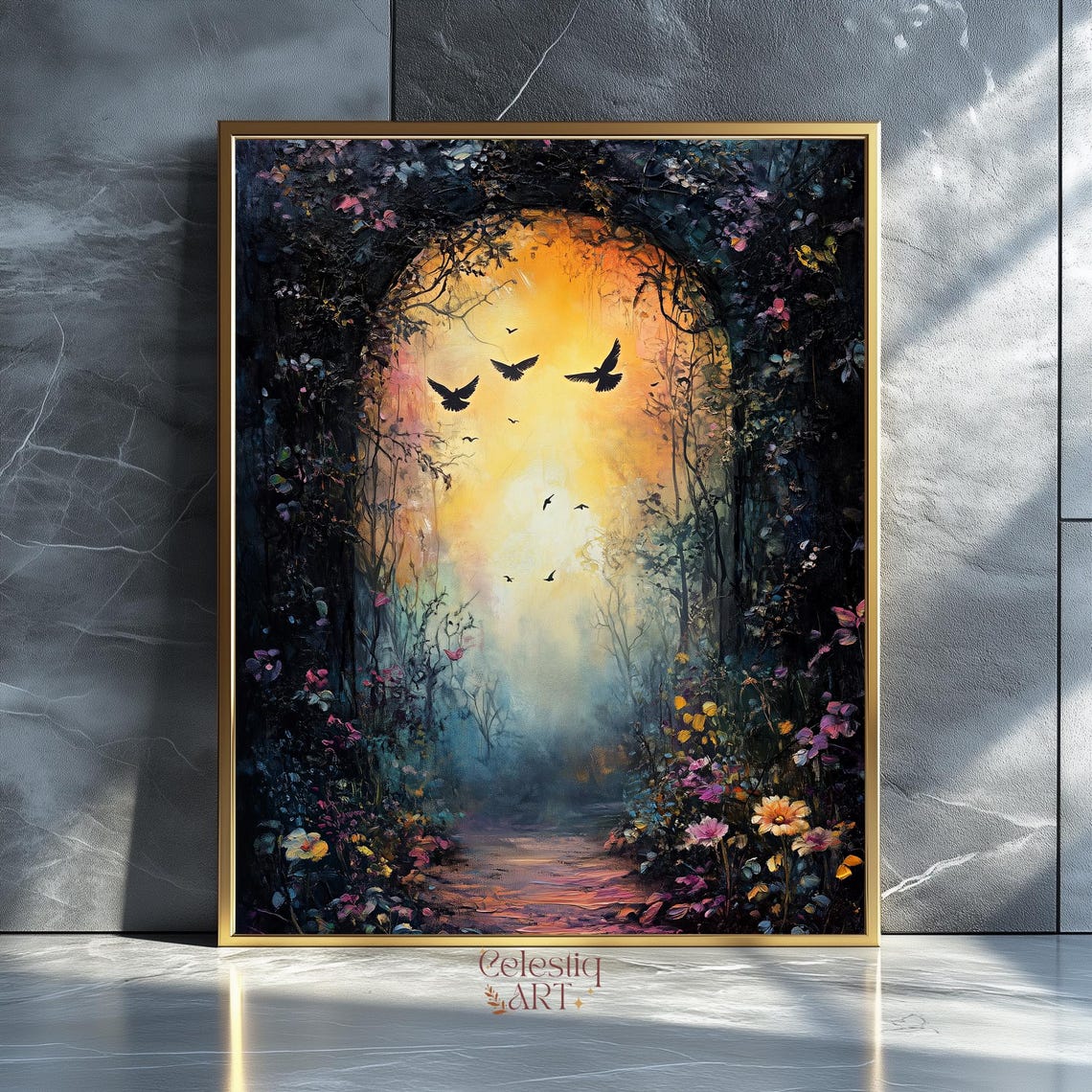 Forest Archway Birds Golden Light Moody Path Painting Poster