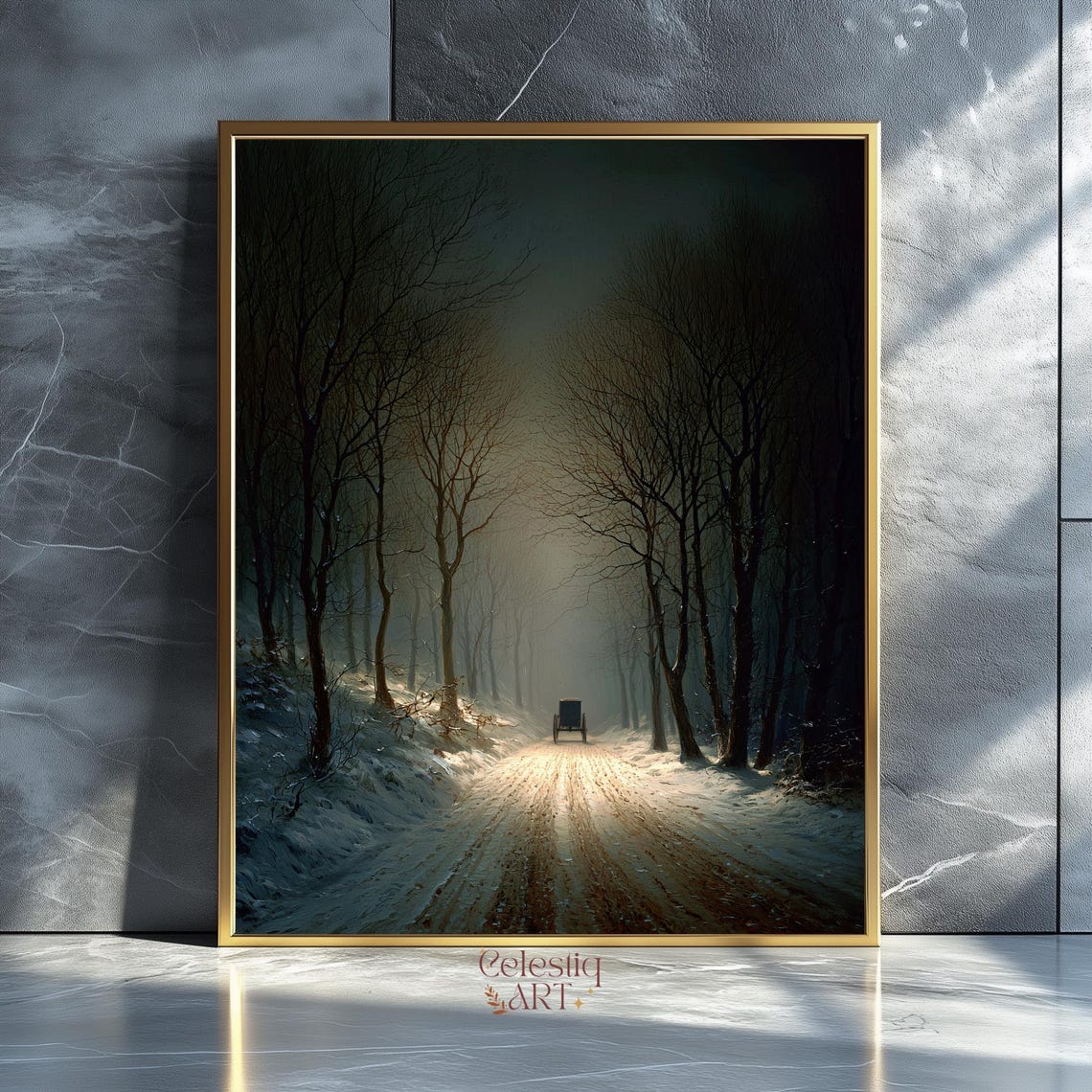Moonlit Winter Forest Path Carriage Snowy Night Landscape Poster