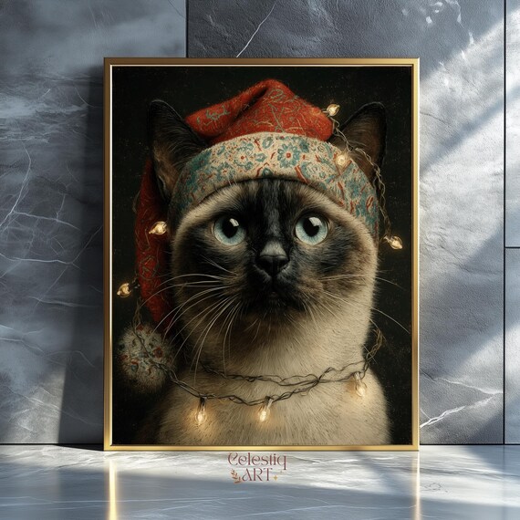 Siamese Cat Santa Hat Christmas Lights Moody Portrait Poster