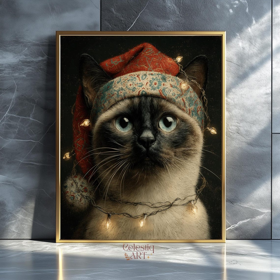 Siamese Cat Santa Hat Christmas Lights Moody Portrait Poster