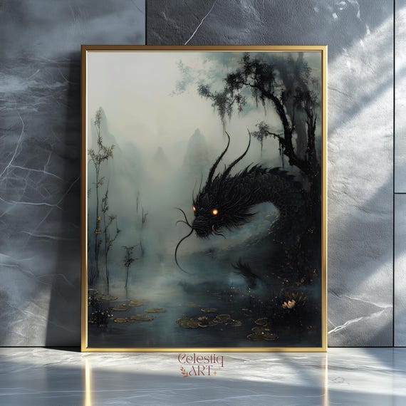 Black Dragon Art Print Misty Forest Gothic Fantasy