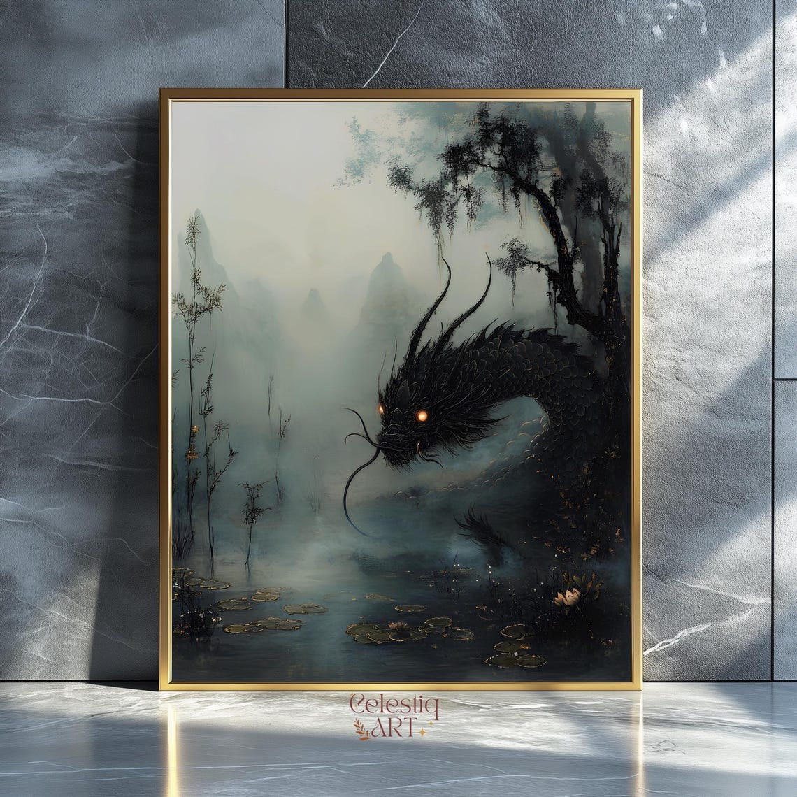Black Dragon Misty Forest Swamp Dark Gothic Fantasy Wall Art
