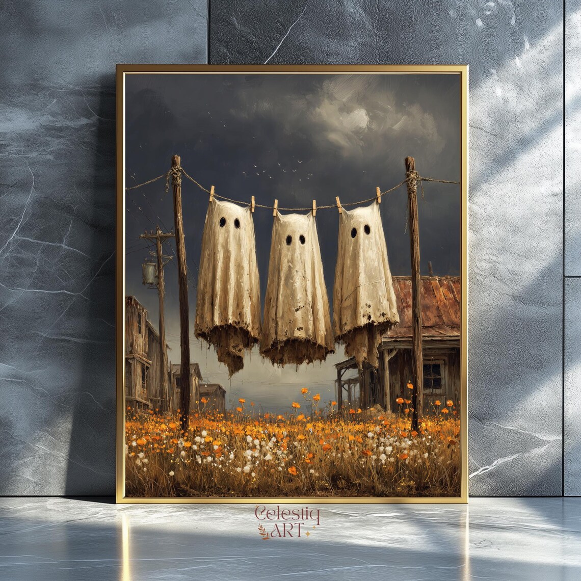 Ghosts On Laundry Line Spooky Halloween Farmhouse Night Poster