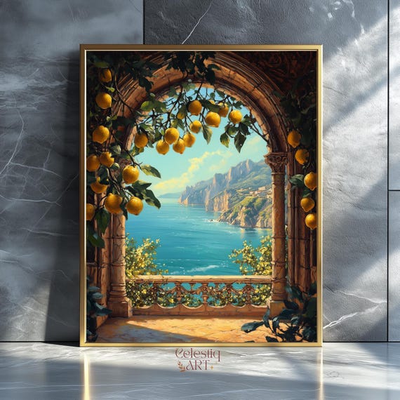 Mediterranean Window View Print Coastal Lemon Tree Italian Seaside
