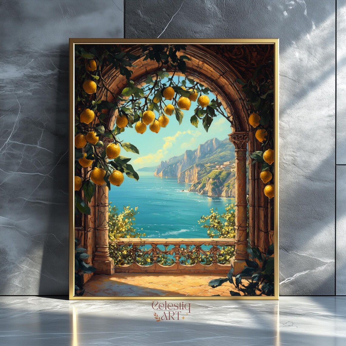 Mediterranean Window Lemon Trees Coastal Sea View Art Poster