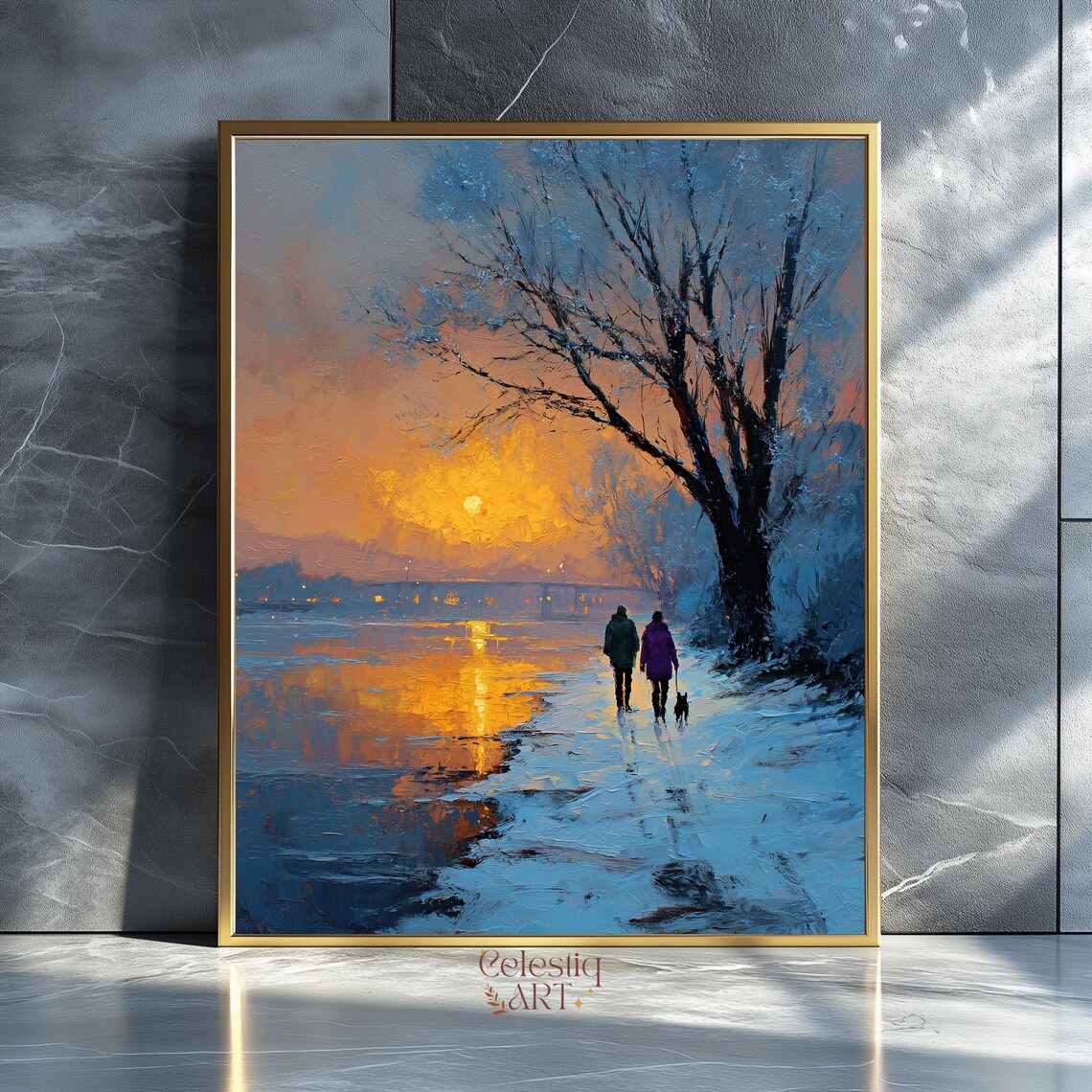 Winter Sunset Walk Along Frozen River Couple With Dog Impressionist Poster