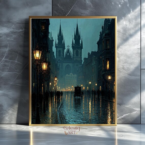 Gothic Victorian Street Art Print Dark Academia Rainy City Moody Wall Decor