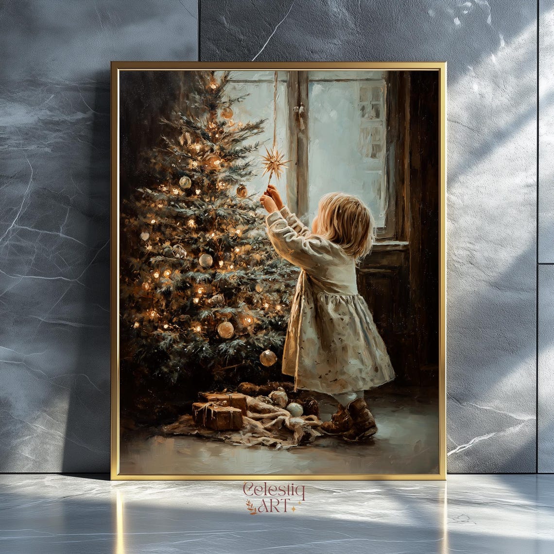 Little Girl Decorating Christmas Tree Star Victorian Holiday Wall Art
