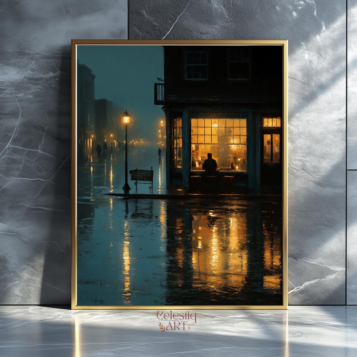 Rainy Night Street Scene Moody Urban Art Print