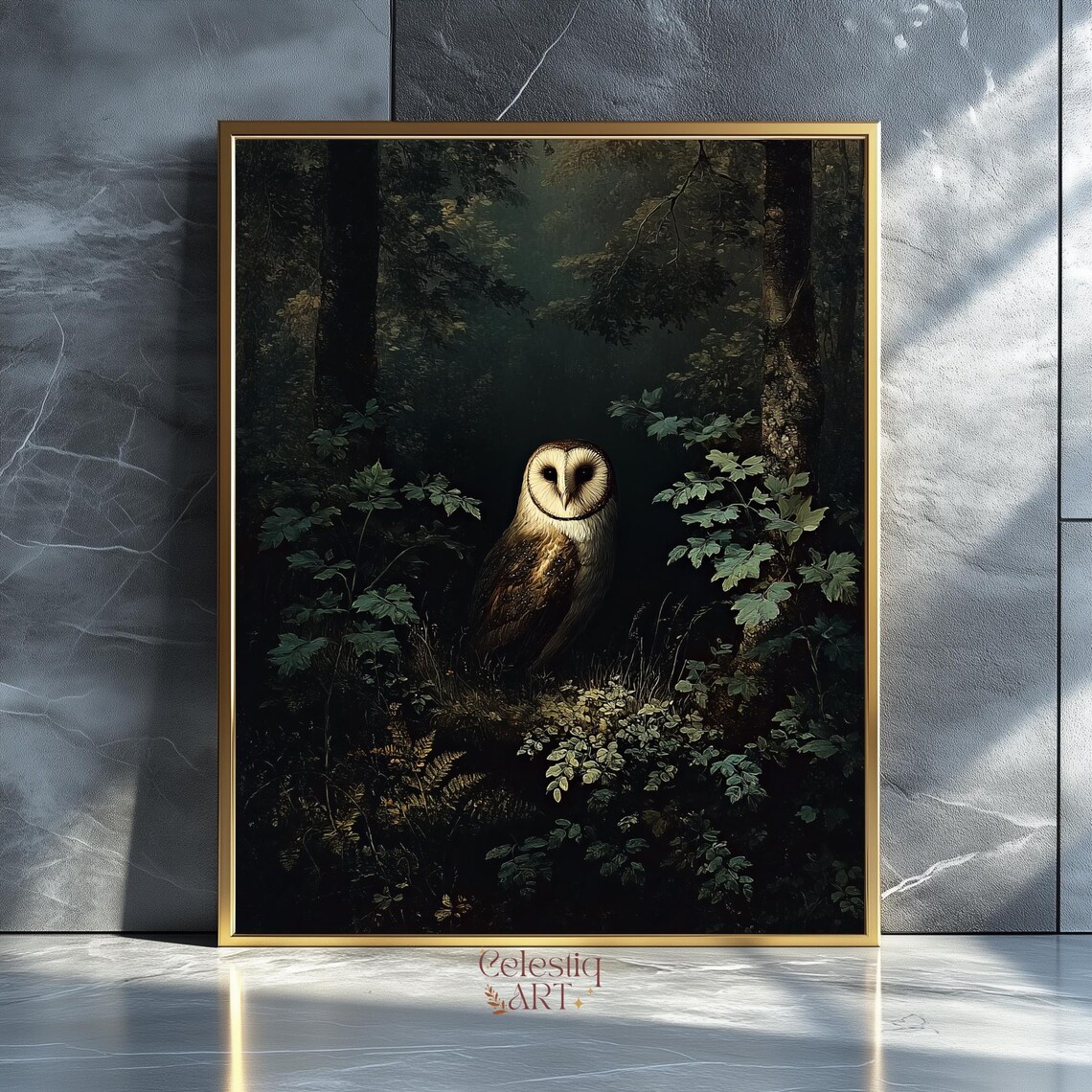 Barn Owl in Dark Forest Moody Antique Wildlife Painting Art Print