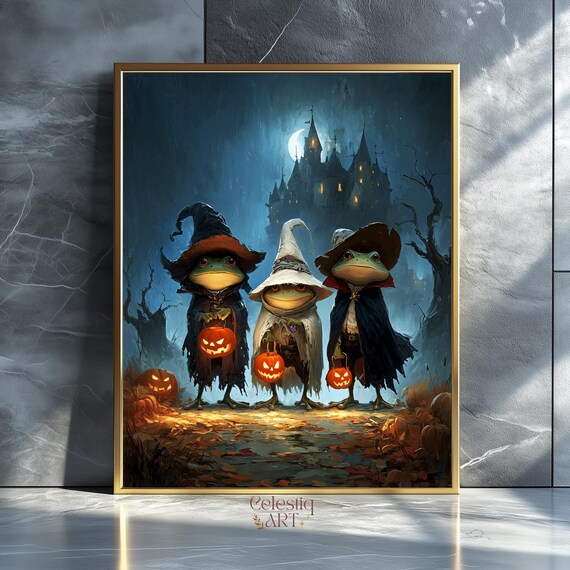 Halloween Frogs Art Print Spooky Cute Toad And Frog Witch Bat Costumes Wall Whimsical Kids Room Decor