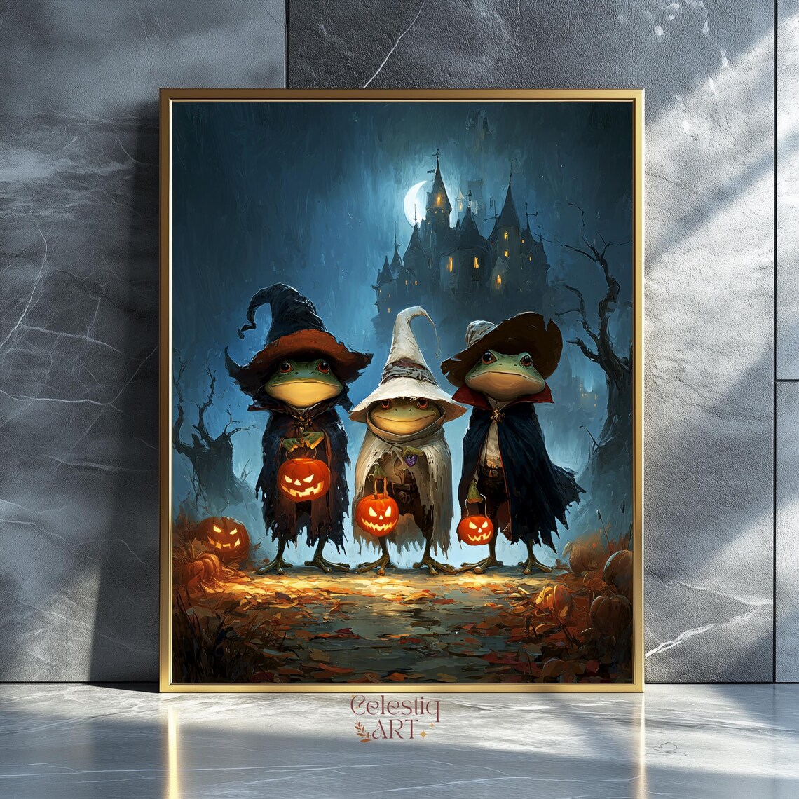 Halloween Frogs Art Print Spooky Cute Toad And Frog Witch Bat Costumes Wall Whimsical Kids Room Decor