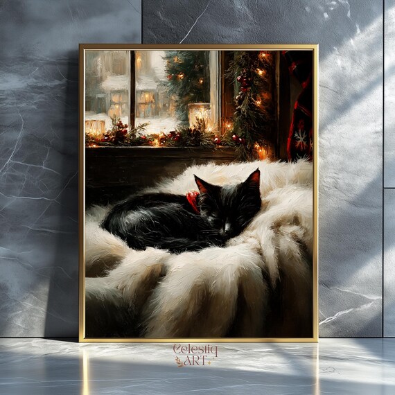 Sleeping Black Cat Christmas Window Cozy Winter Snowfall Painting Print