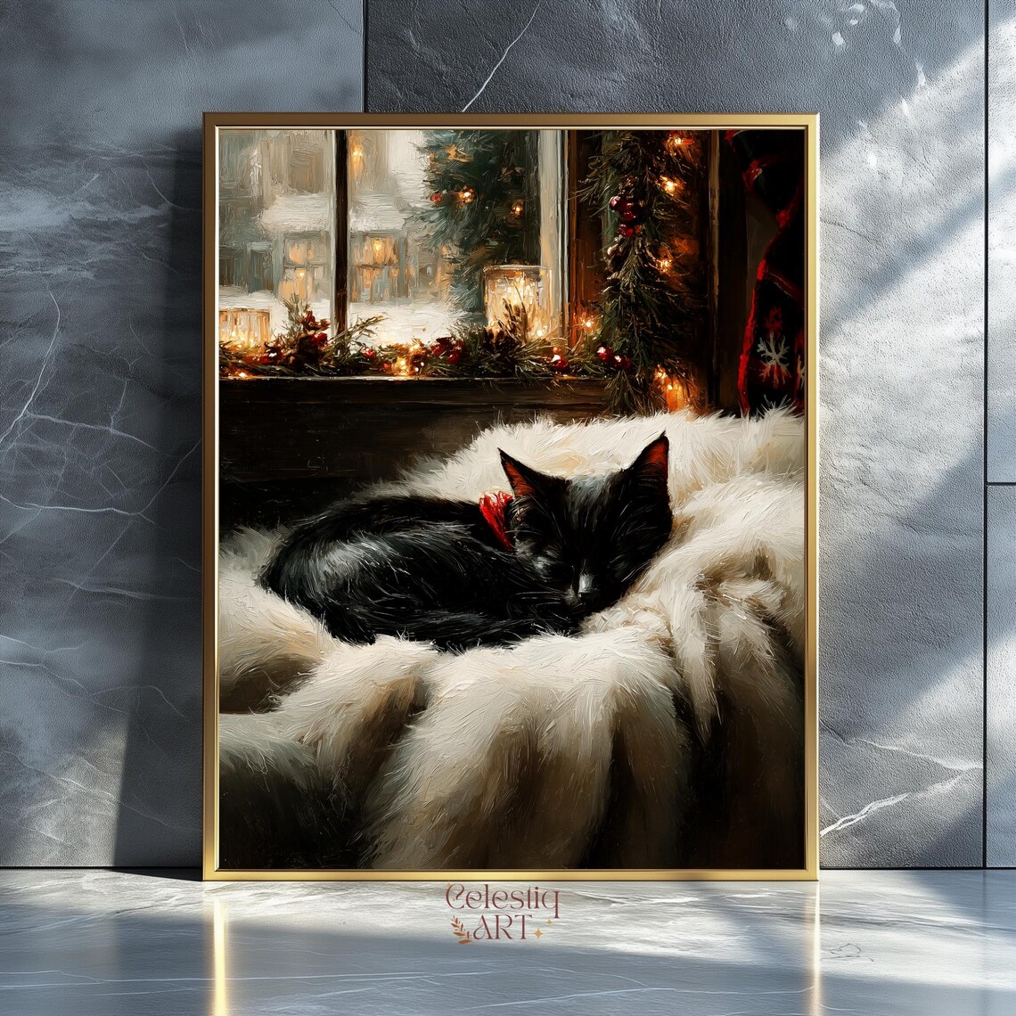 Sleeping Black Cat Christmas Window Cozy Winter Snowfall Painting Print