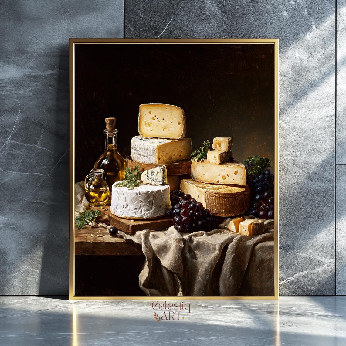 Rustic Cheese Wheels Grapes Still Life Kitchen Painting Poster