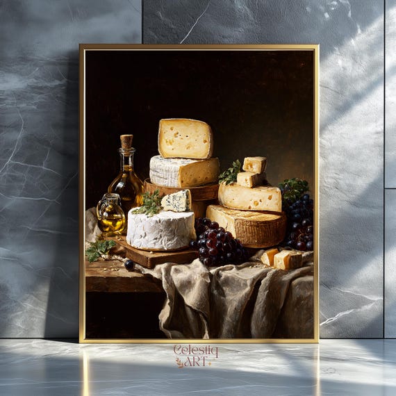 Vintage Cheese Grape Painting Kitchen Still Life Art