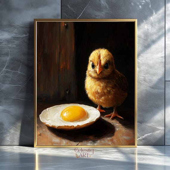 Chick And Egg Art Funny Chicken Painting Farmhouse Kitchen Decor Baby Print