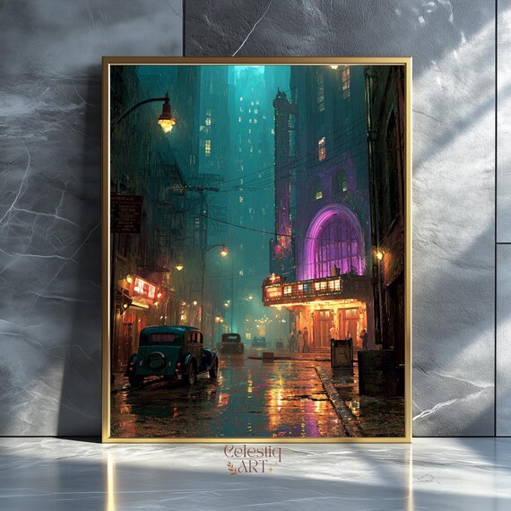 Noir Cityscape Print Rainy Neon Street Moody Cinematic Decor