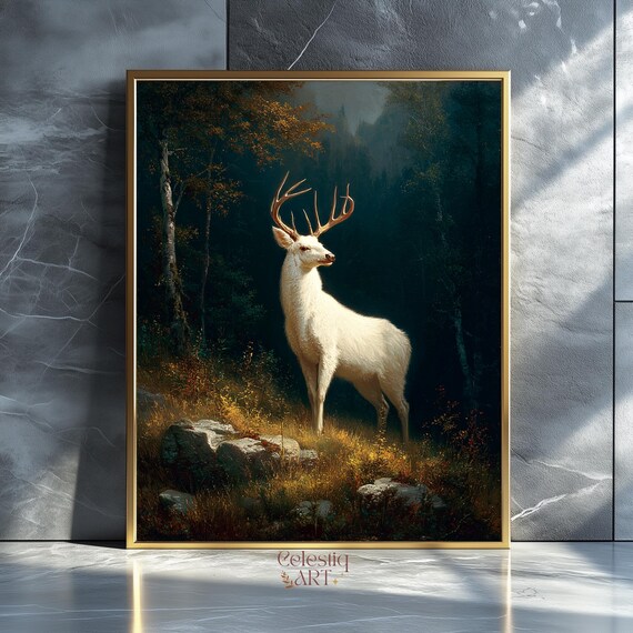 White Stag Dark Forest Moody Wildlife Deer Antlers Art Print