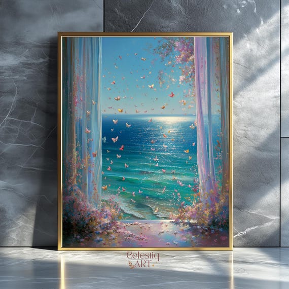 Ocean View Art Print Open Window With Butterflies