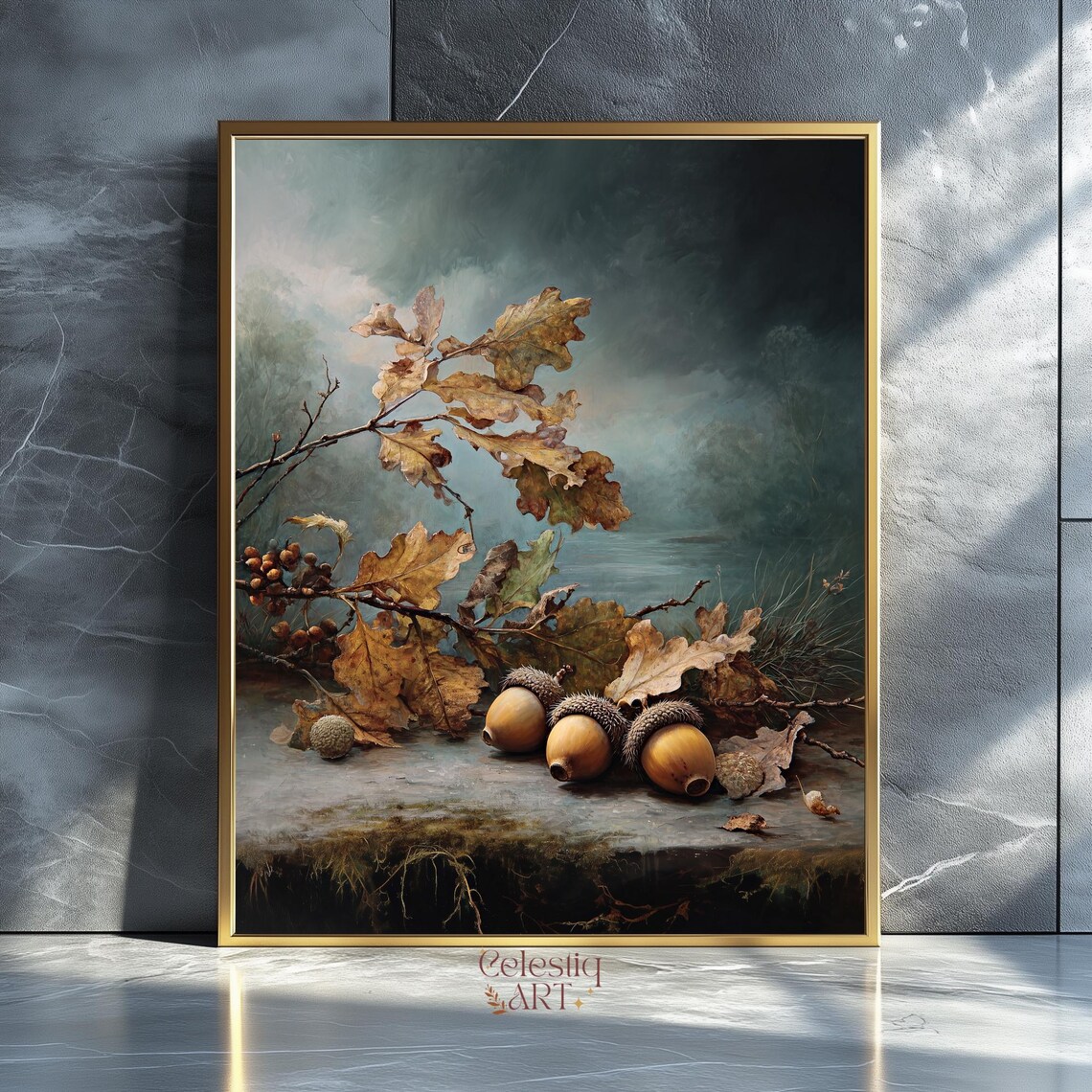 Fall Acorns And Oak Leaves Still Life Vintage Botanical Painting Poster